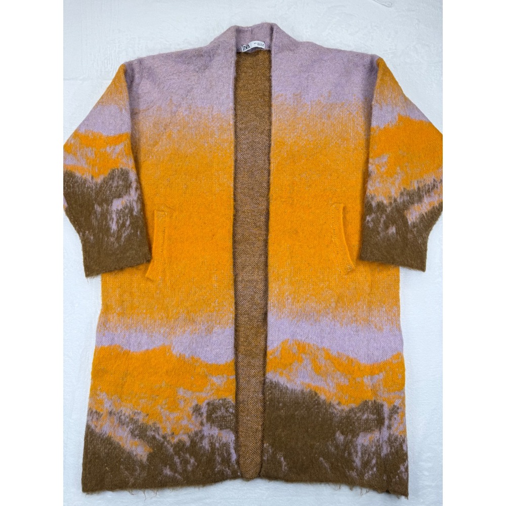 ZARA Ombre Gradient Knit Longline Cardigan Sweater Women L Purple Orange Brown